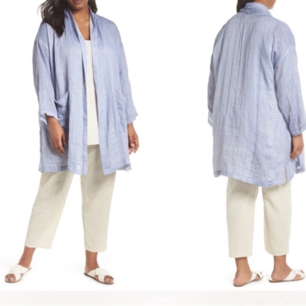 Eileen Fisher ONE SIZE Chambray Organic Cotton Crinkle Gauze Kimono Jacket - Picture 2 of 11